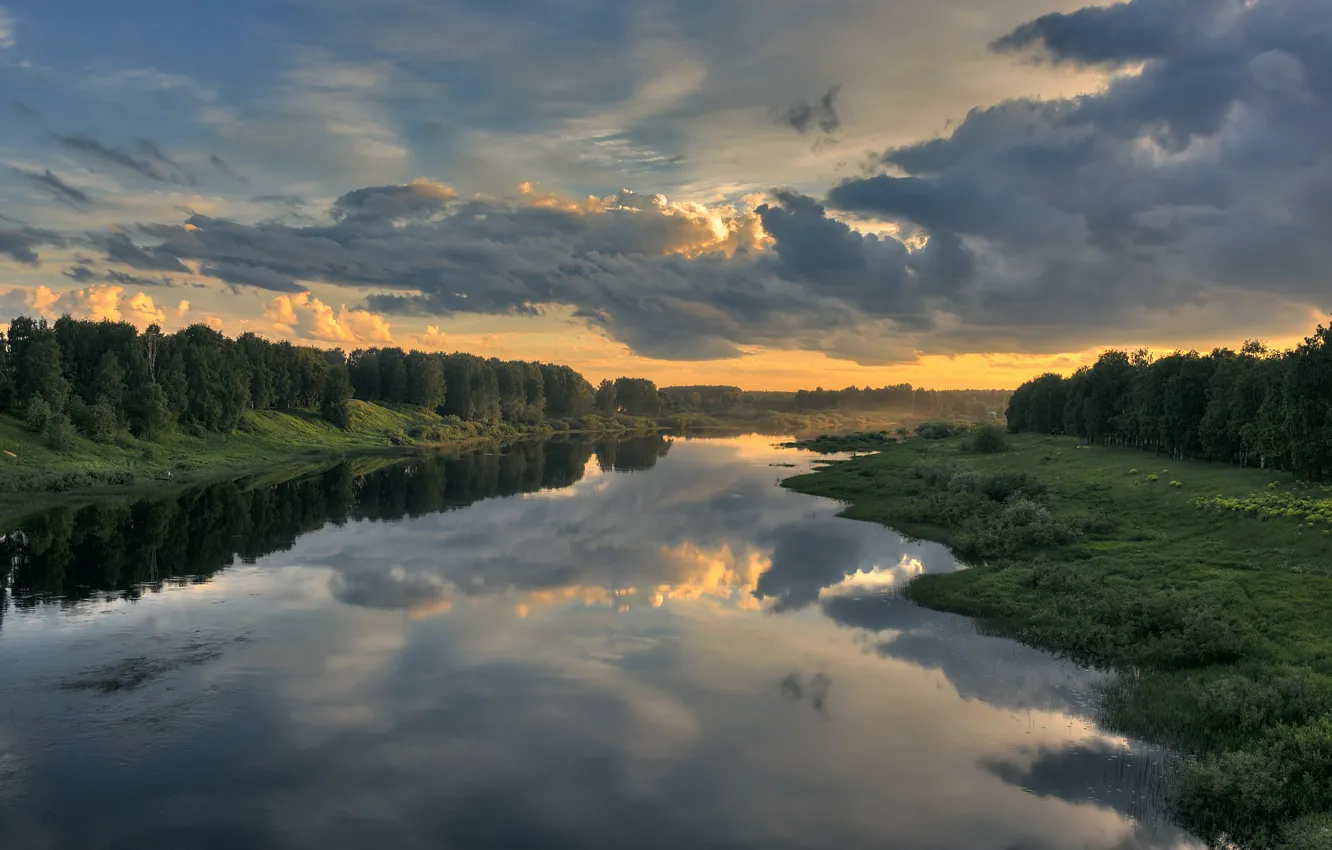 Photo wallpaper river, the evening, Vologda oblast, Ustyuzhna