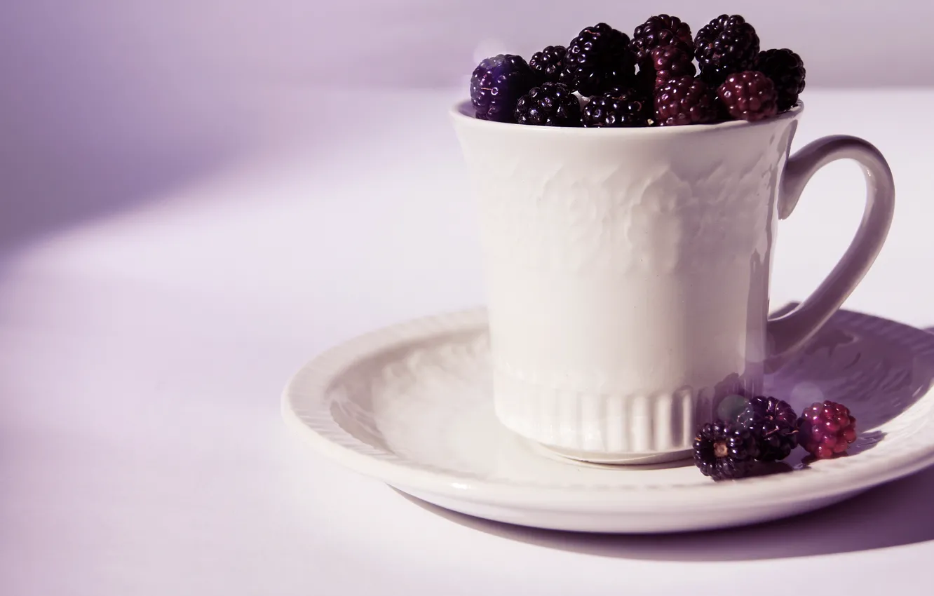 Photo wallpaper white, berries, Cup, saucer, BlackBerry