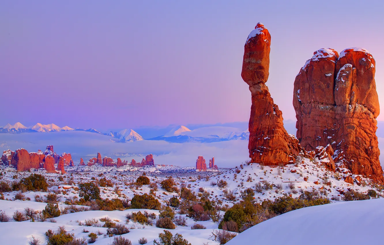 Photo wallpaper winter, the sky, snow, stones, rocks, USA, Arches National Park, uta