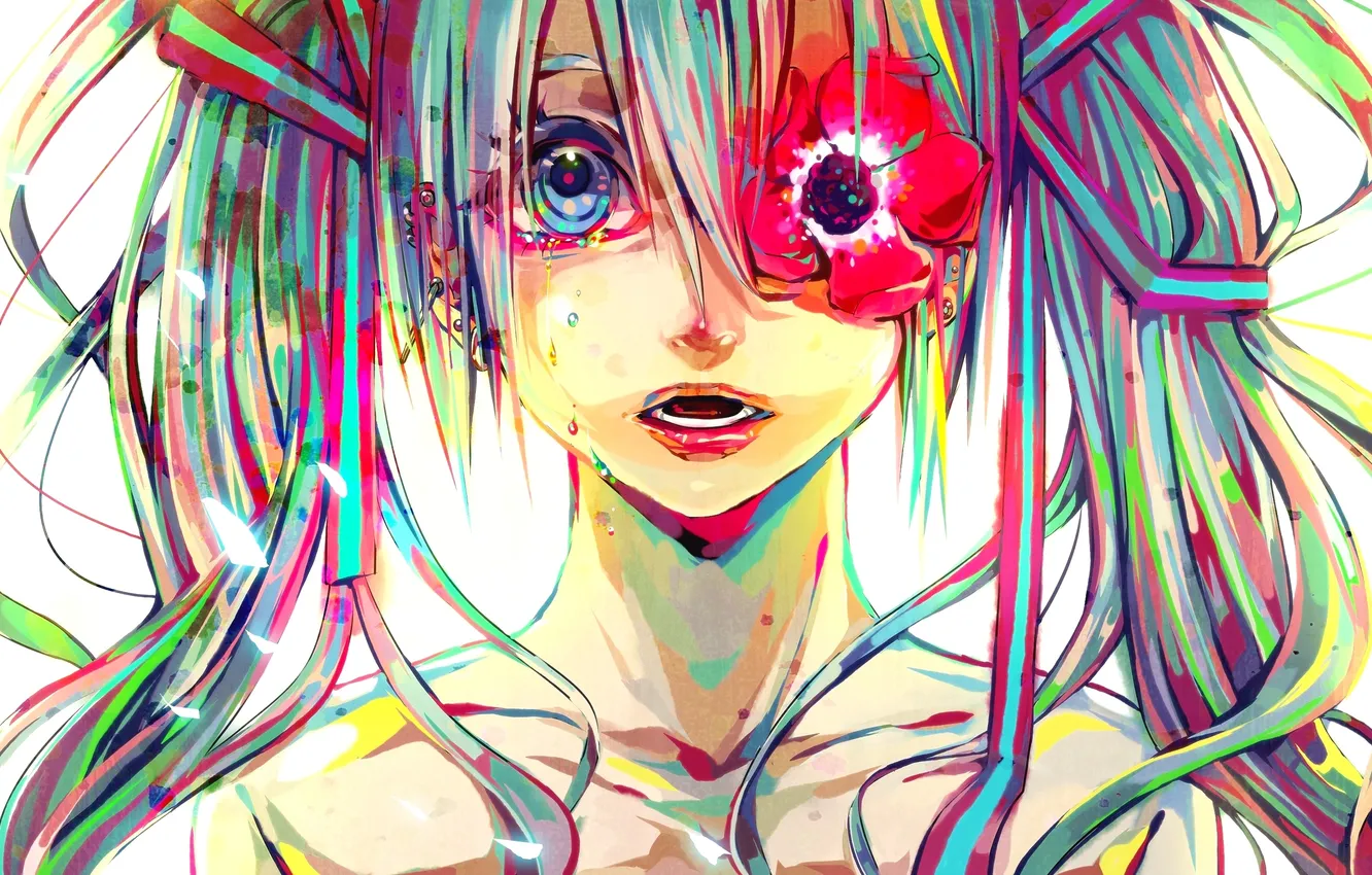 Photo wallpaper flower, girl, paint, colorful, tears, art, Hatsune Miku, Vocaloid