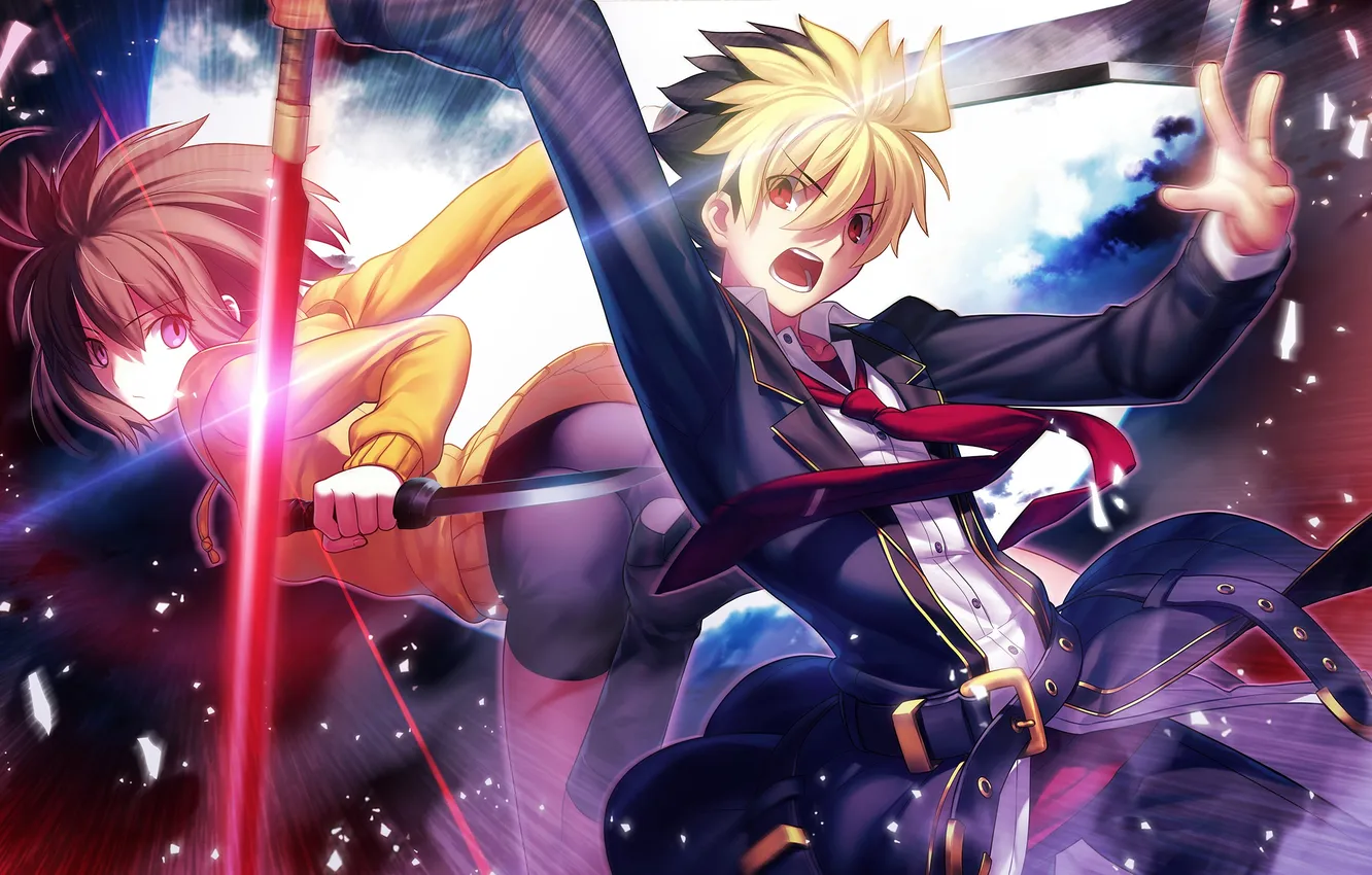 Photo wallpaper look, girl, weapons, magic, anger, guy, gesture, art