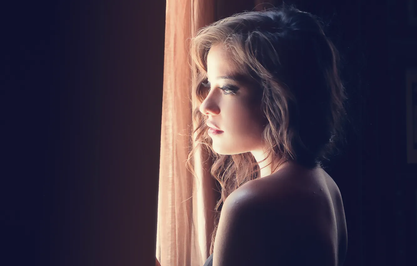 Photo wallpaper look, girl, face, eyelashes, hair, back, window, profile