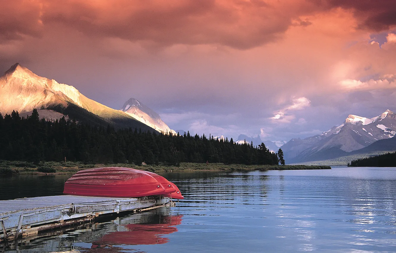 Photo wallpaper lake, boat, pier, Canada