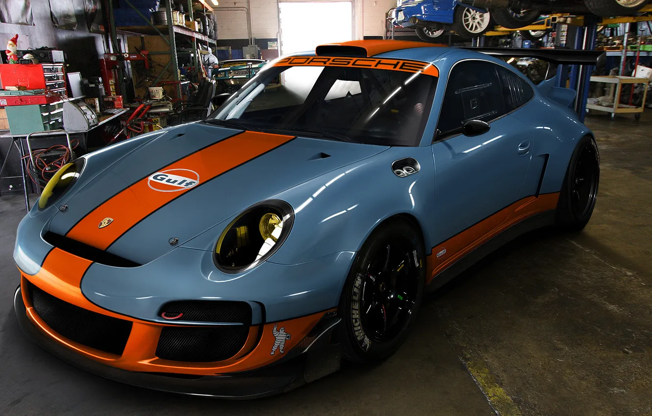 Photo wallpaper sport, tuning, garage, Porsche, GT3, gulf