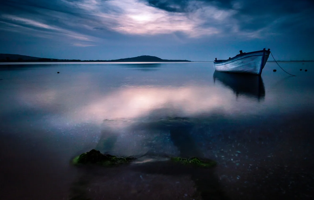 Photo wallpaper sea, the sky, clouds, blue, nature, boat