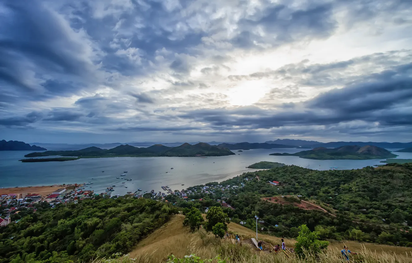 Photo wallpaper clouds, island, village, Bay, fishing