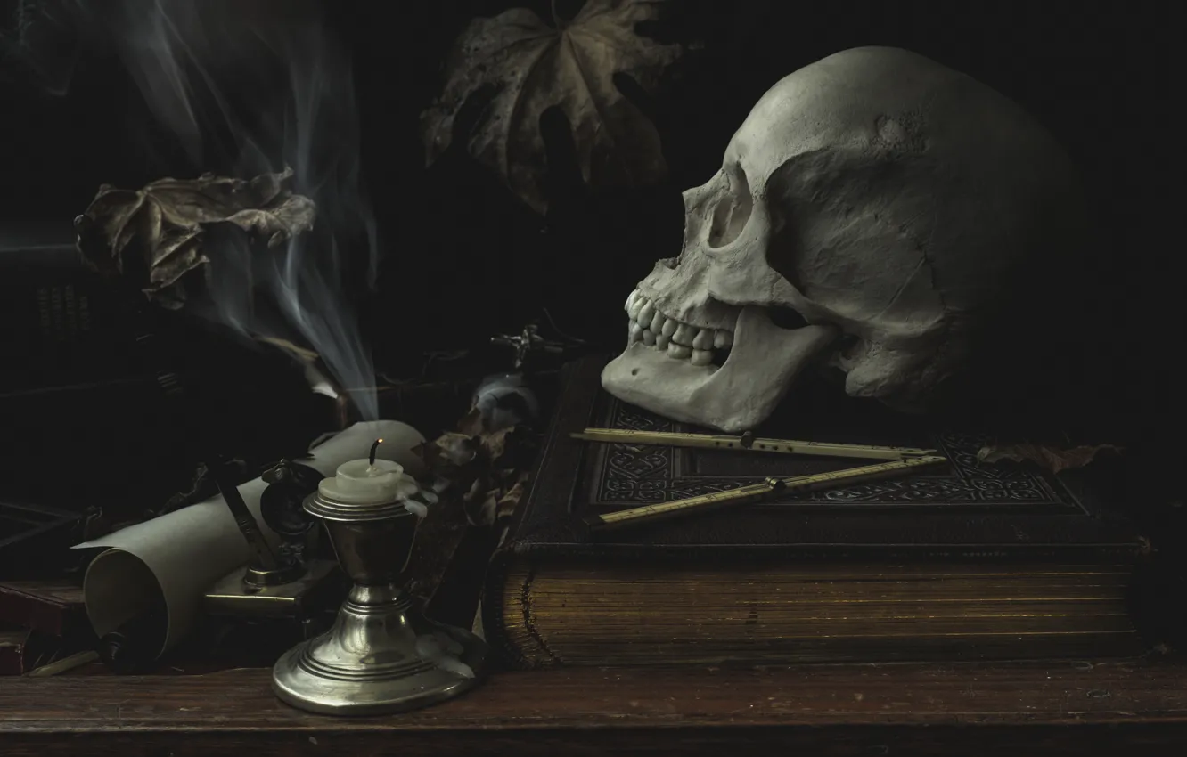 Photo wallpaper table, skull, candle, book