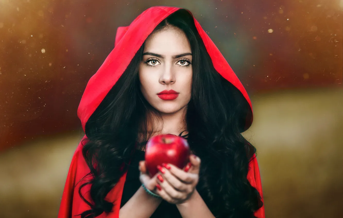 Photo wallpaper eyes, look, girl, red, face, background, apples, portrait