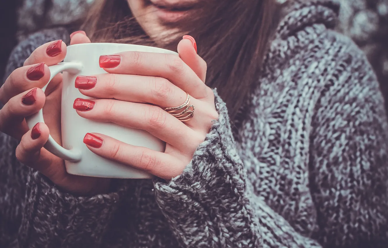 Photo wallpaper girl, heat, hands, ring, Cup, sweater, manicure