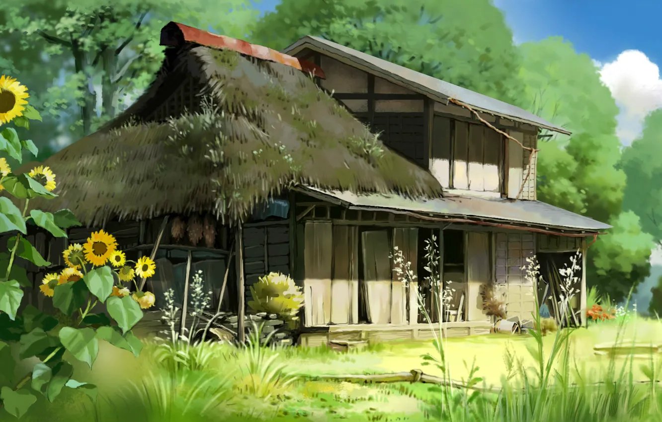 Photo wallpaper summer, grass, trees, sunflowers, yard, hut, Heisei Tanuki Gasse Ponpoko, Tanuki war in the period …