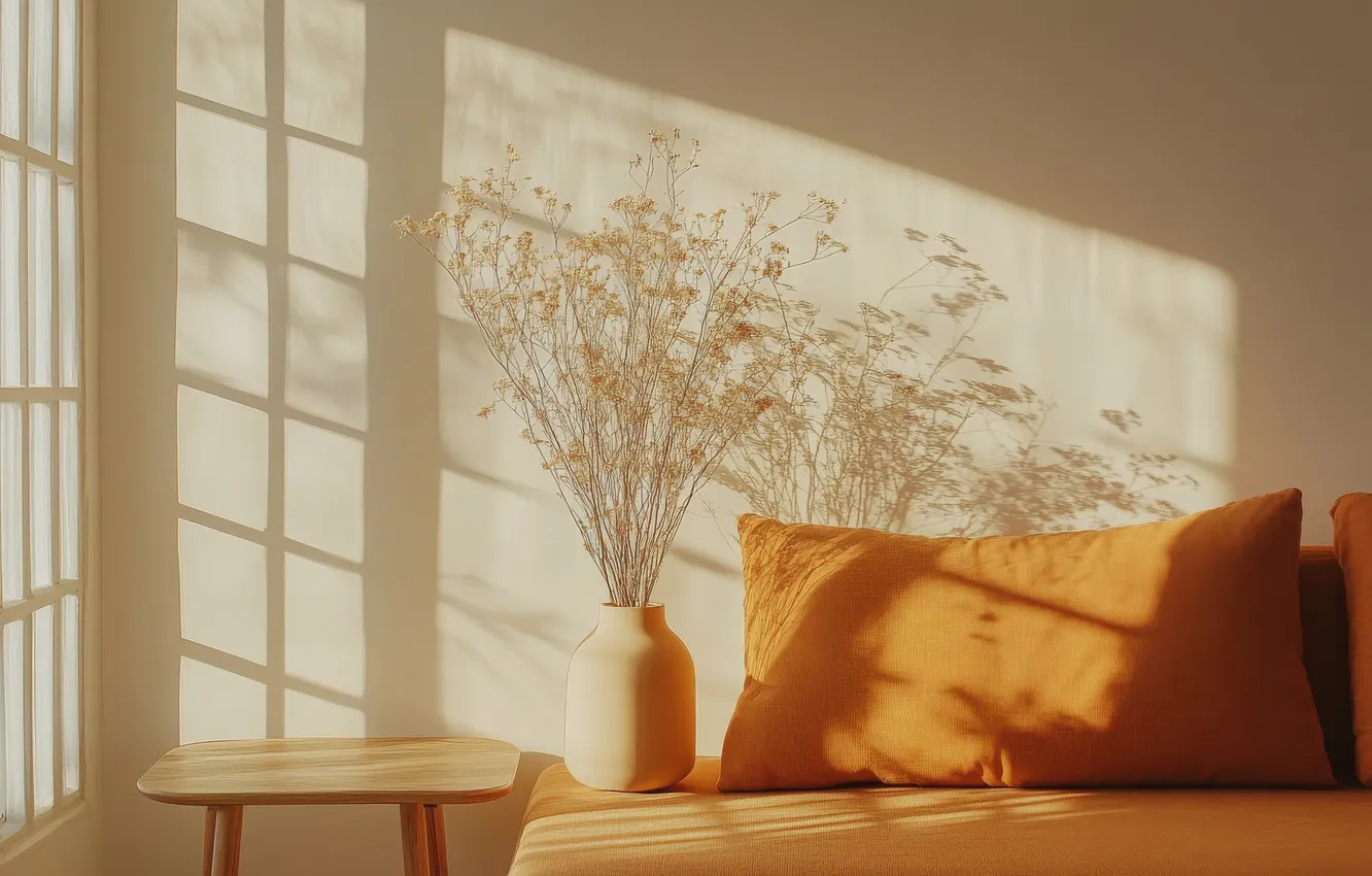 Photo wallpaper light, orange, comfort, room, sofa, wall, furniture, bed