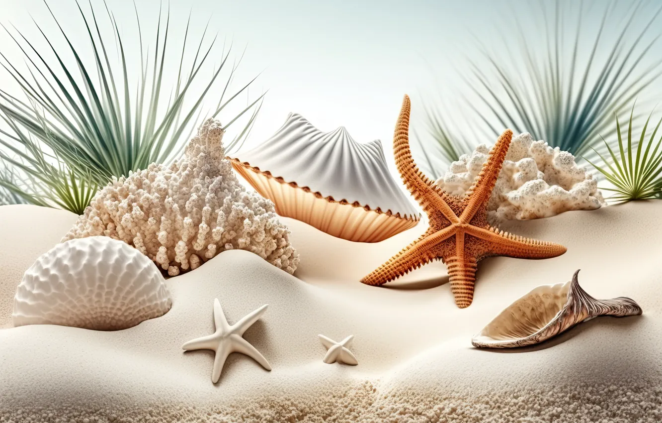 Photo wallpaper sea, beach, the ocean, shore, shell, starfish, seashells, seashell