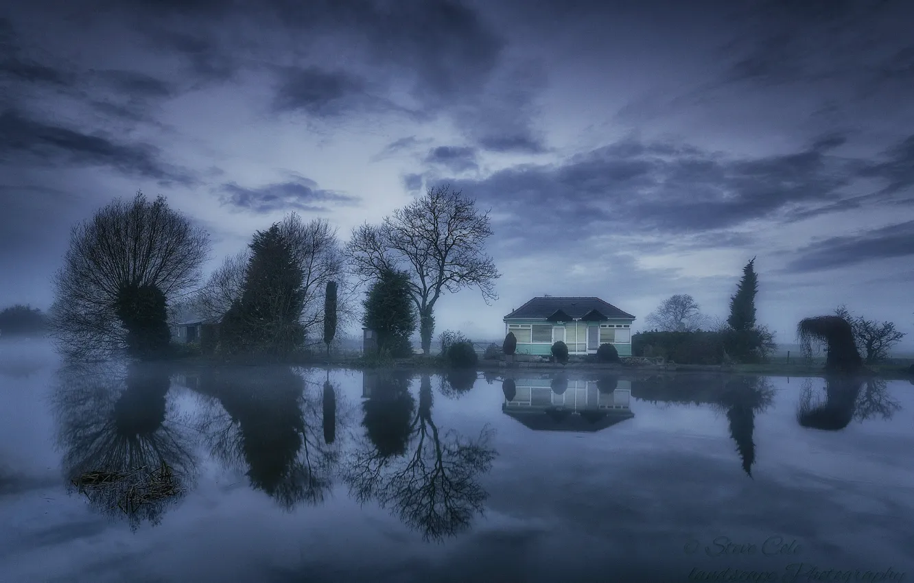Photo wallpaper clouds, trees, lake, house, reflection, England, Normanton he's a COP