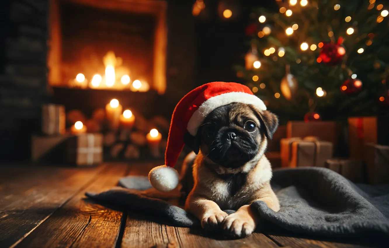 Photo wallpaper gift, new year, dog, Christmas, pug, puppy, fireplace, Christmas decorations