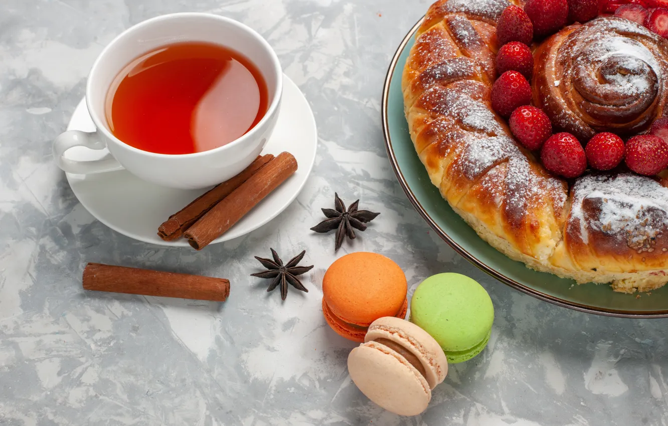 Photo wallpaper berries, tea, pie, mug, Cup, cinnamon, cakes, roll