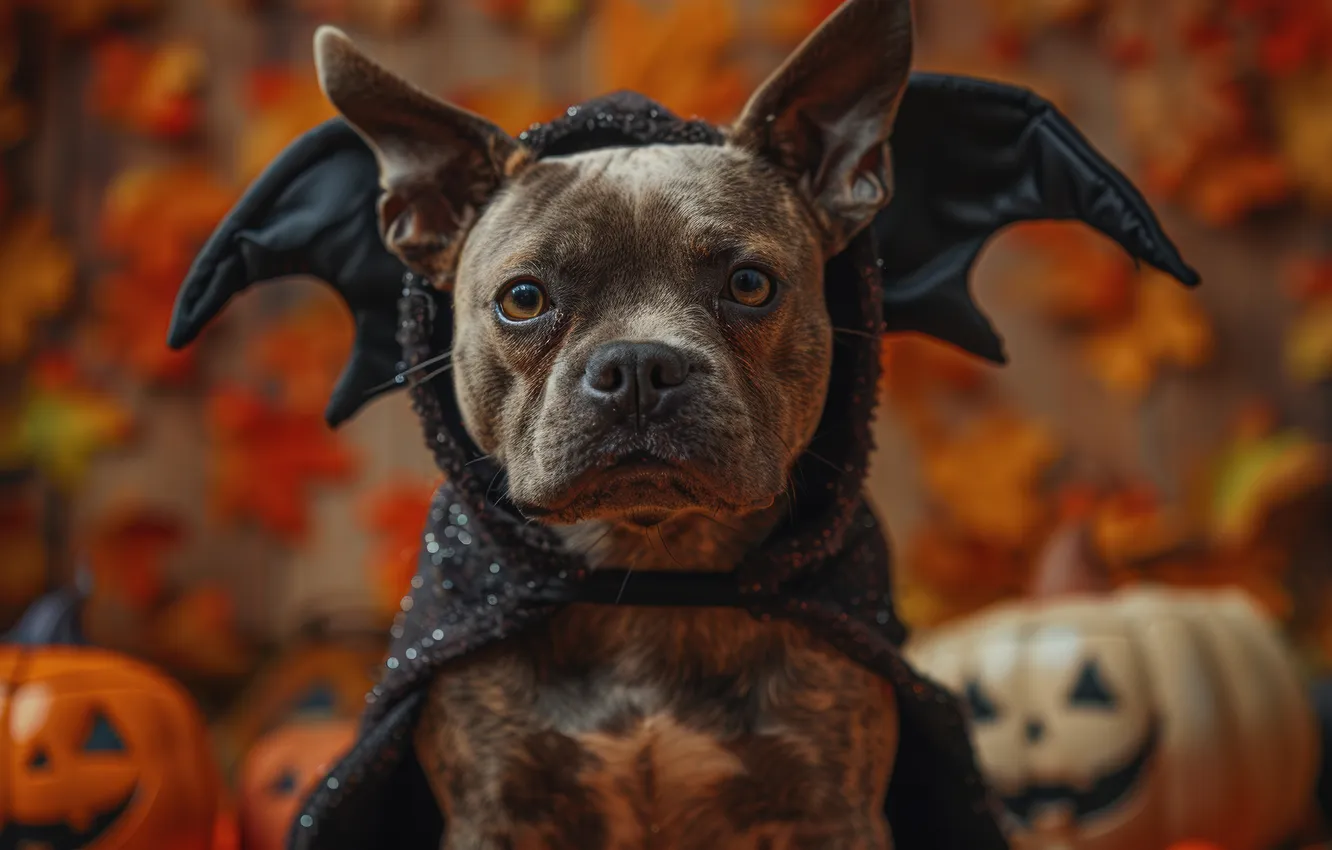 Photo wallpaper autumn, look, pose, holiday, dog, outfit, pumpkin, Halloween