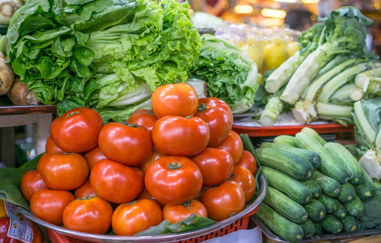 Photo wallpaper vegetables, tomatoes, market, cucumbers, salad