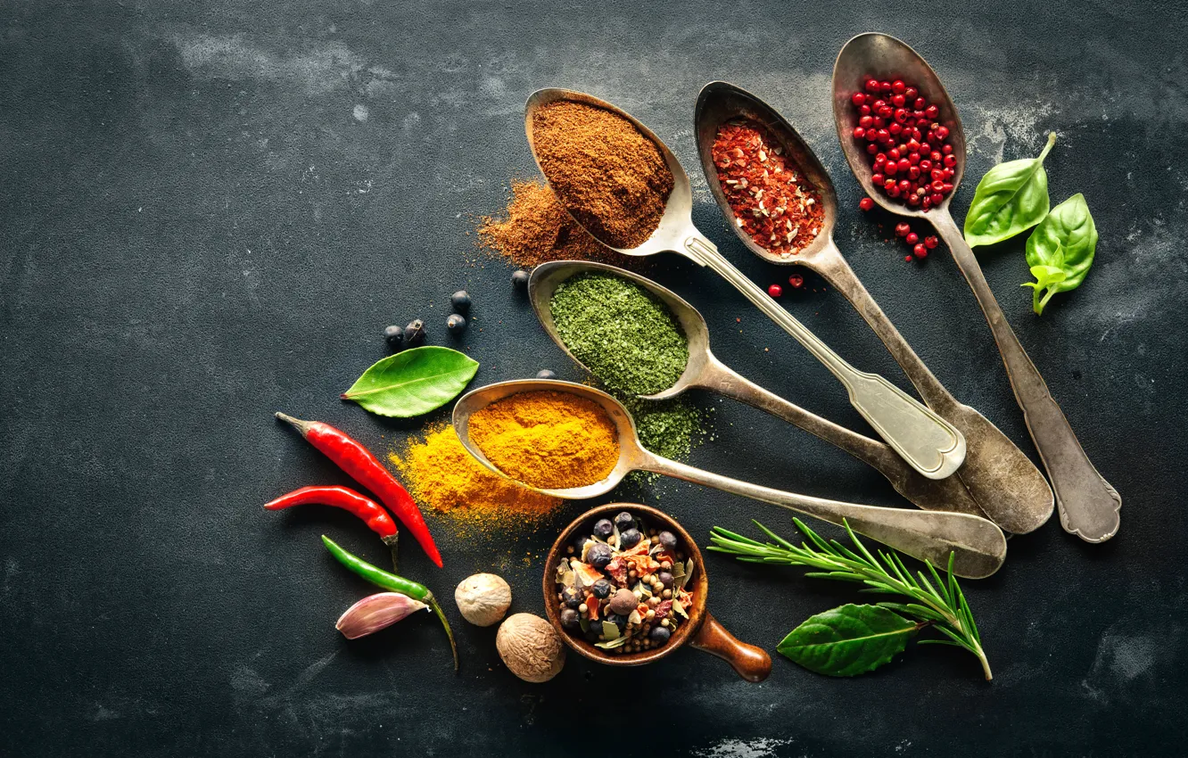 Photo wallpaper Leaves, Spoon, Pepper, Food, Nuts, Spices, Garlic