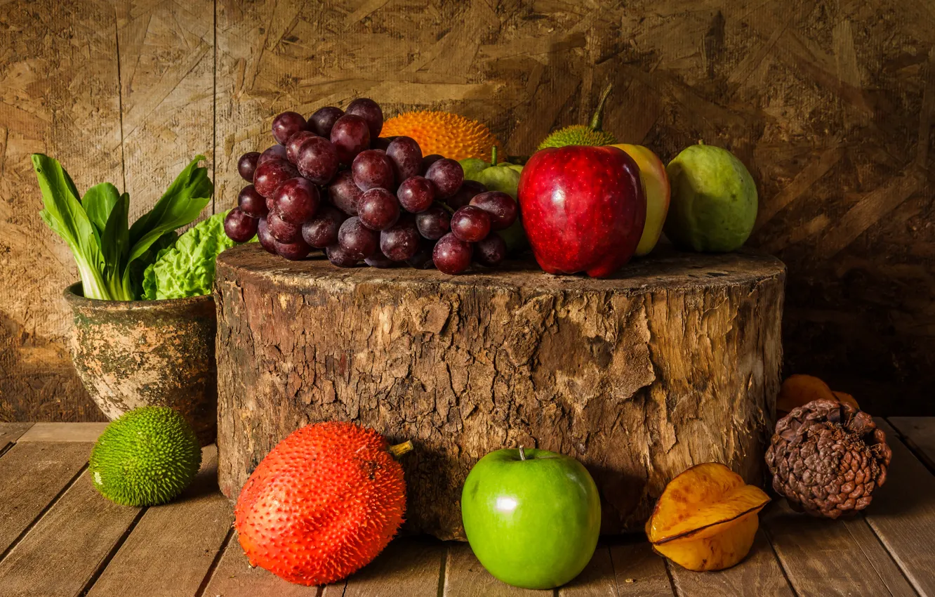 Photo wallpaper apples, bouquet, grapes, fruit, still life, wood, autumn, still life