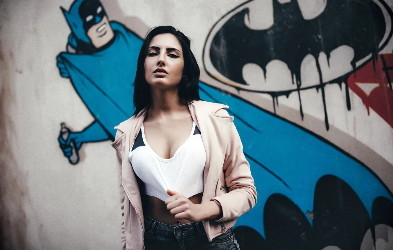 Photo wallpaper look, sexy, pose, background, wall, graffiti, model, portrait