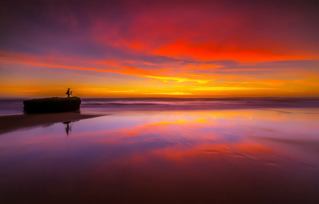 Photo wallpaper sea, sunset, night, nature, shore, people