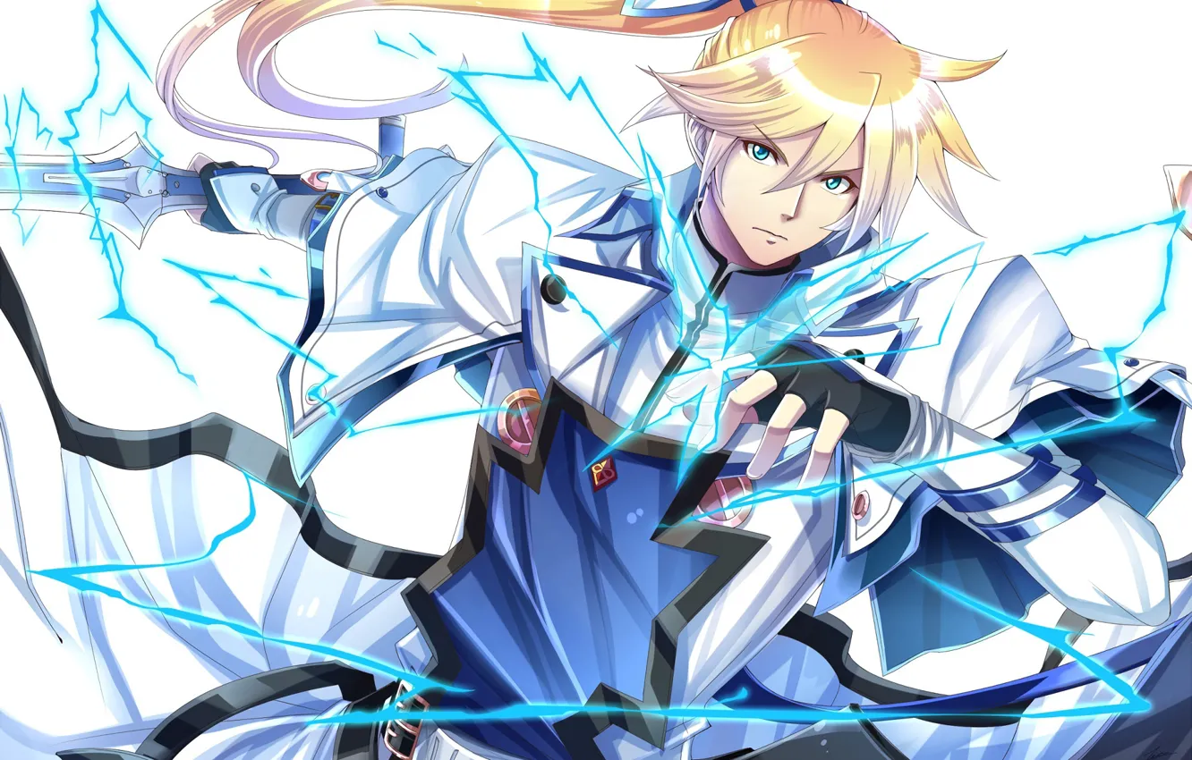 Photo wallpaper lightning, anime, art, Sword, guy, knight, blonde