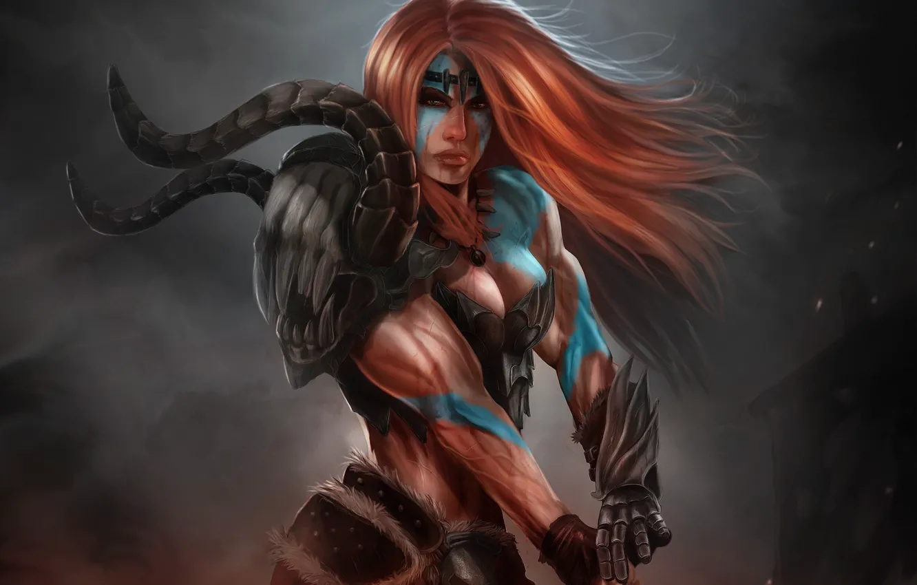Photo wallpaper girl, art, red, coloring, muscles, Diablo III, barbarian, Barbarian