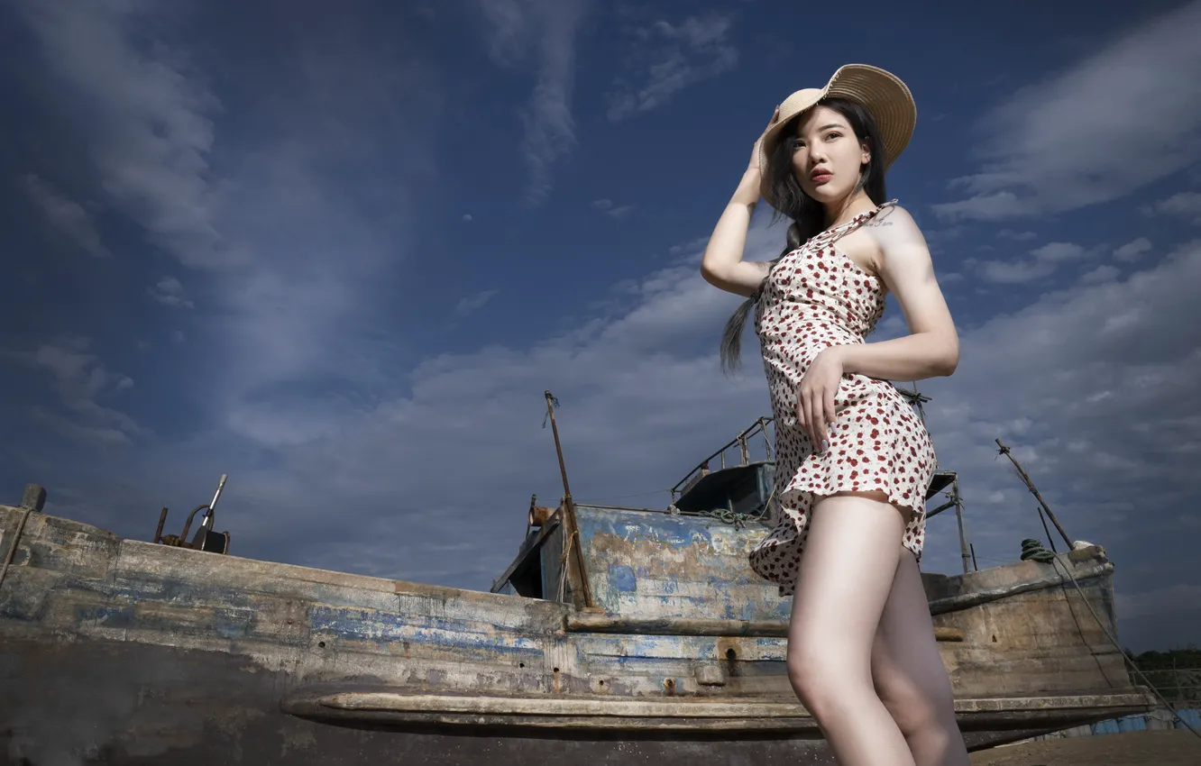Photo wallpaper girl, ship, Asian