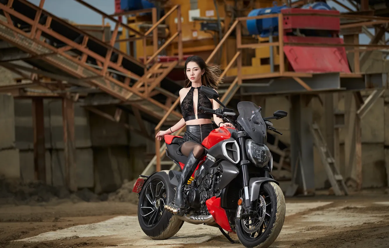 Photo wallpaper girl, pose, shorts, boots, motorcycle, Asian, long hair