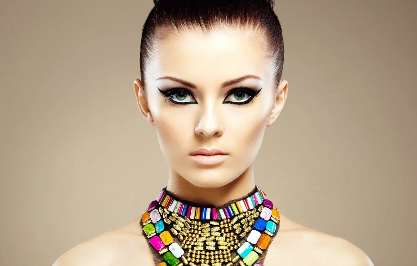 Photo wallpaper look, girl, decoration, arrows, hair, makeup, green eyes, shoulders. background