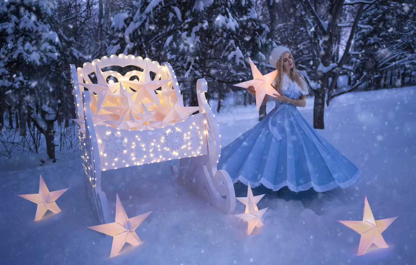 Photo wallpaper winter, frost, forest, girl, stars, light, snow, trees