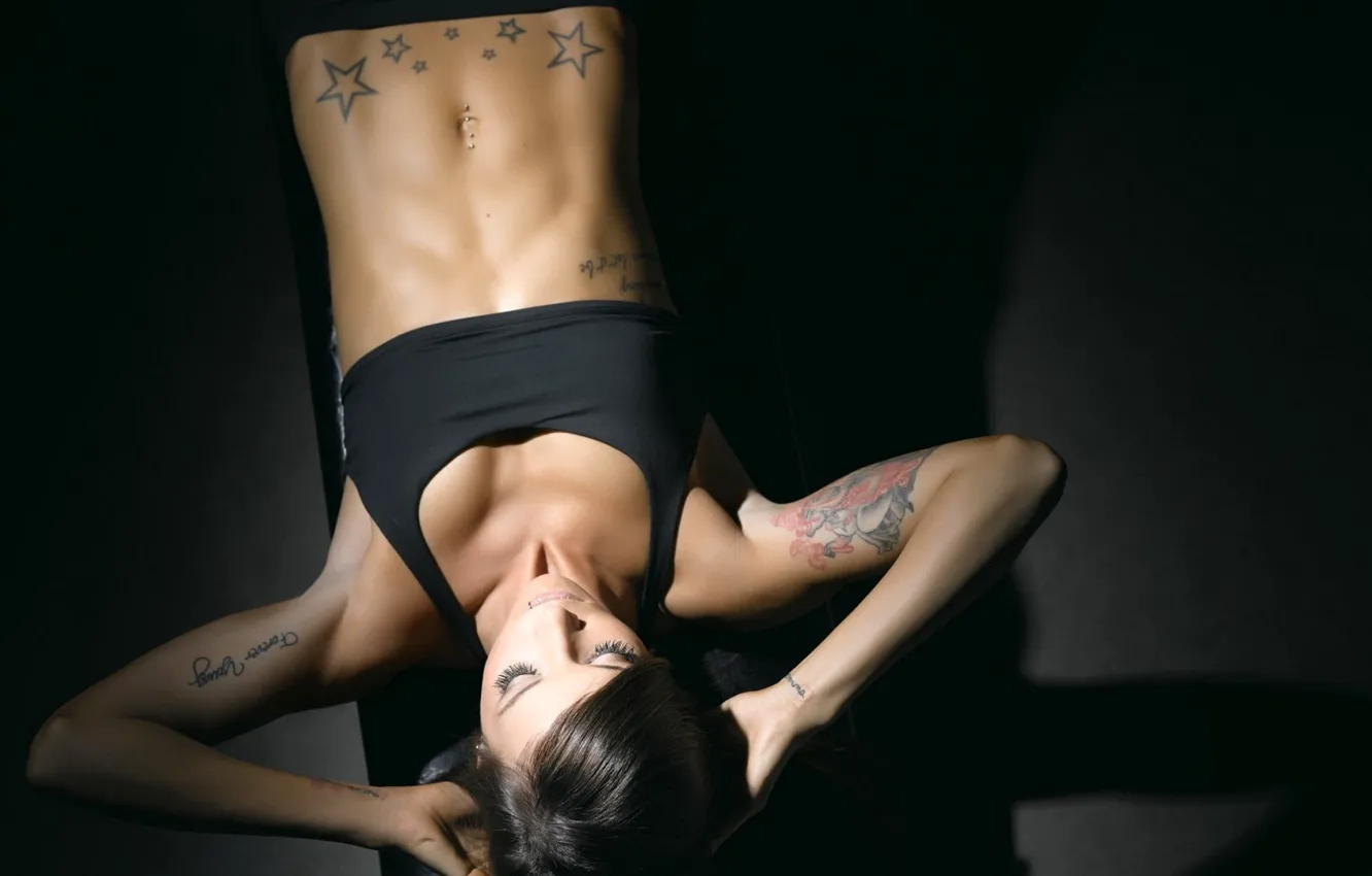 Photo wallpaper pose, model, tattoo, fitness, tattoo, press, training, workout