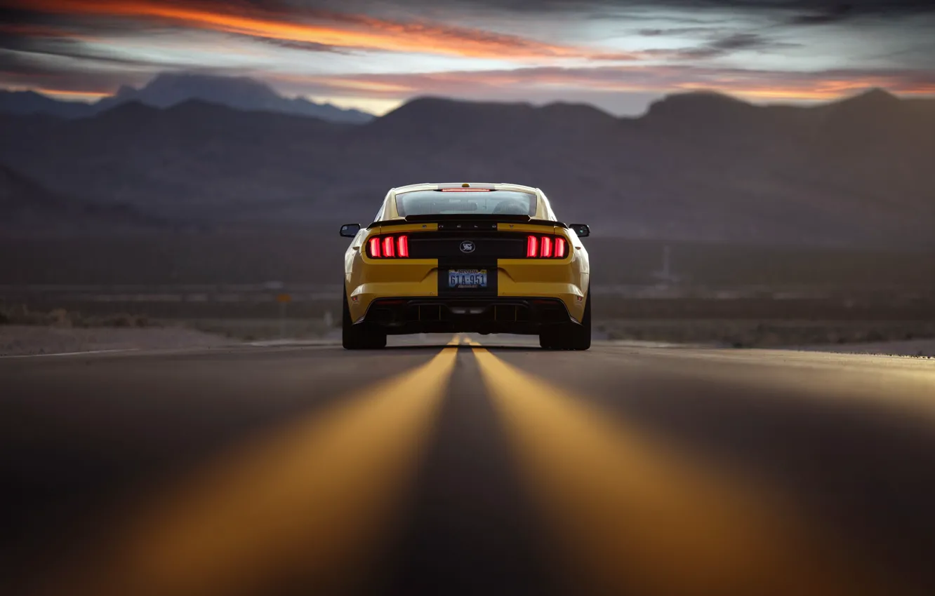 Photo wallpaper road, the sky, sunset, mountains, Mustang, Ford, the evening, rear view