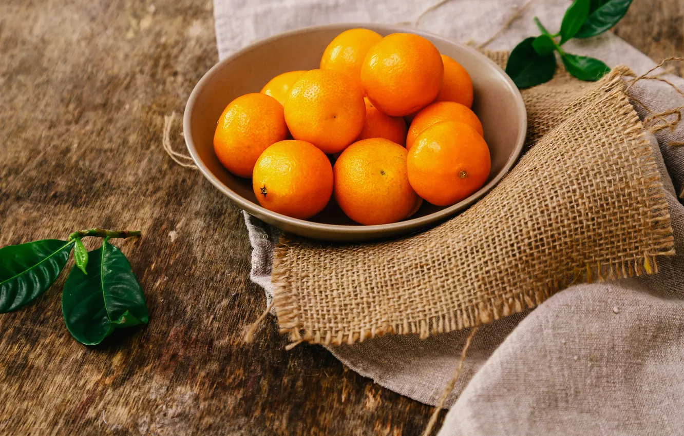 Photo wallpaper leaves, Board, towel, bowl, fruit, burlap, composition, tangerines