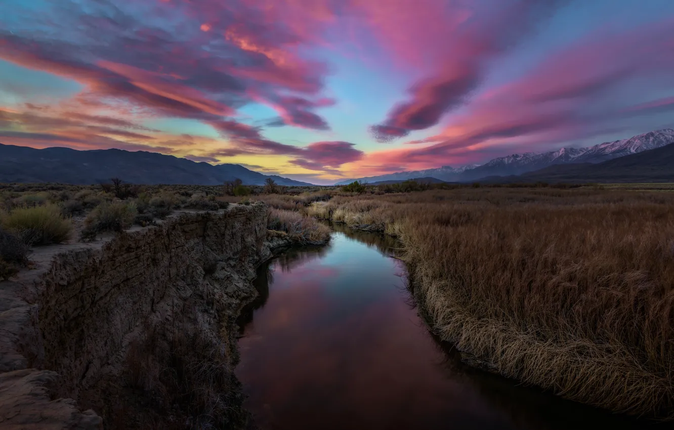Photo wallpaper mountains, clouds, river, dawn, morning, CA, the ravine, Sierra Nevada