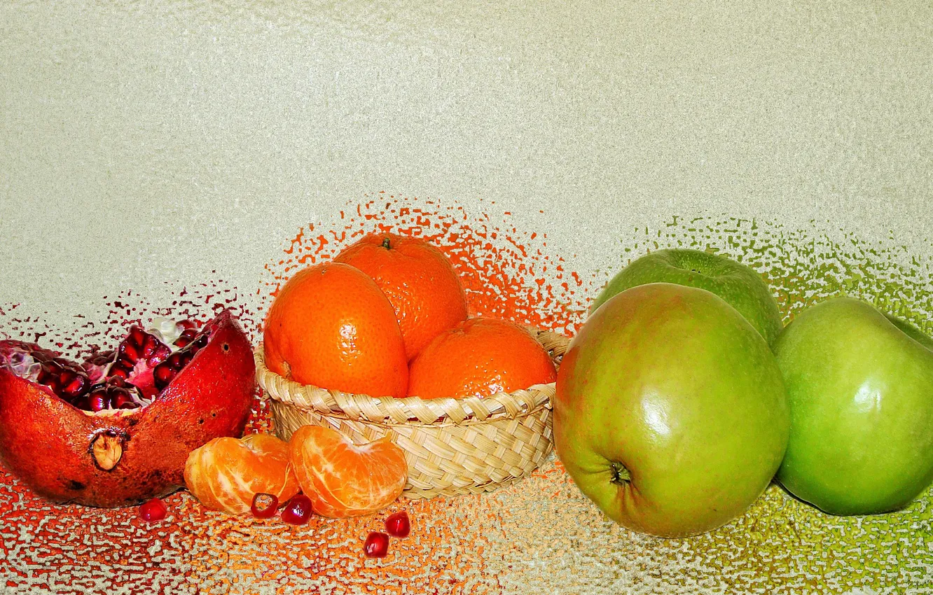 Photo wallpaper fruit, still life, garnet, tangerines, author's photo by Elena Anikina, green apples