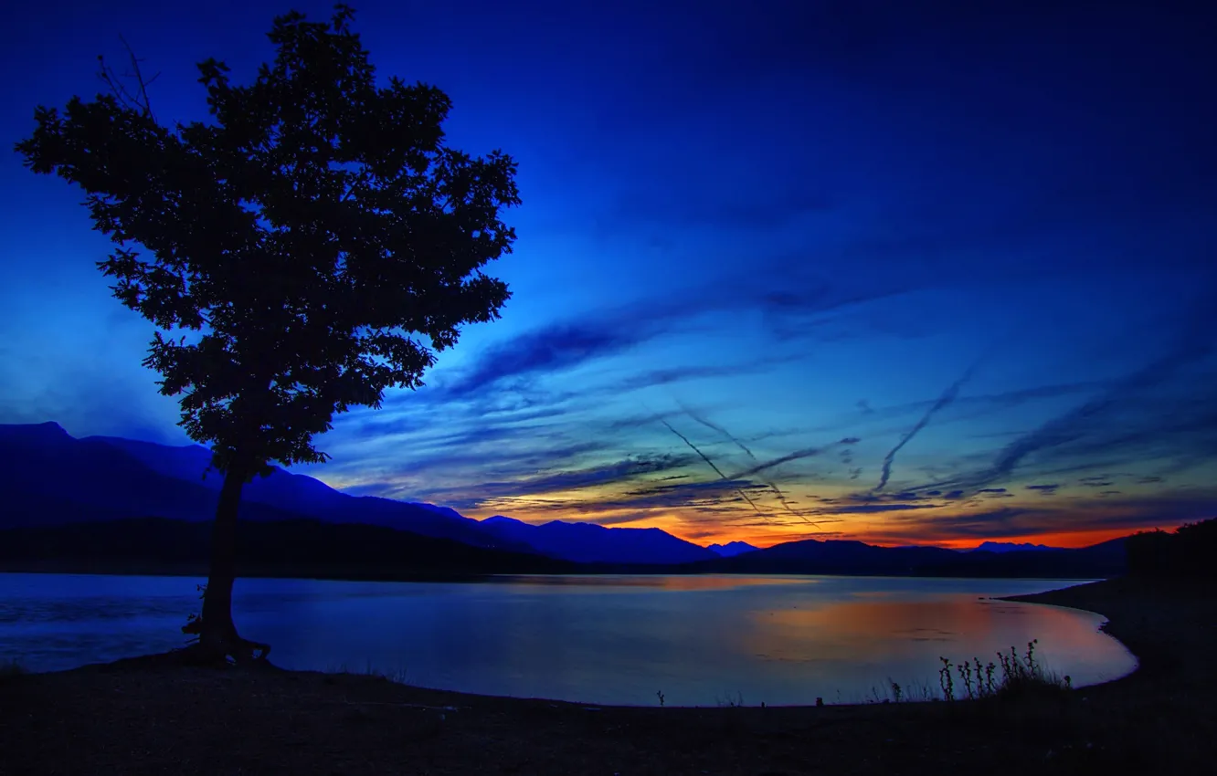 Photo wallpaper the sky, clouds, sunset, mountains, nature, lake, tree, glow