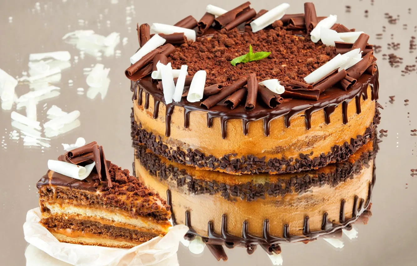 Photo wallpaper reflection, chocolate, cake, cream, piece