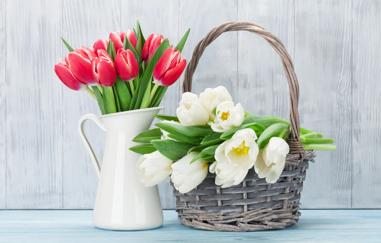 Photo wallpaper flowers, bouquet, tulips, red, white, wood, flowers, tulips