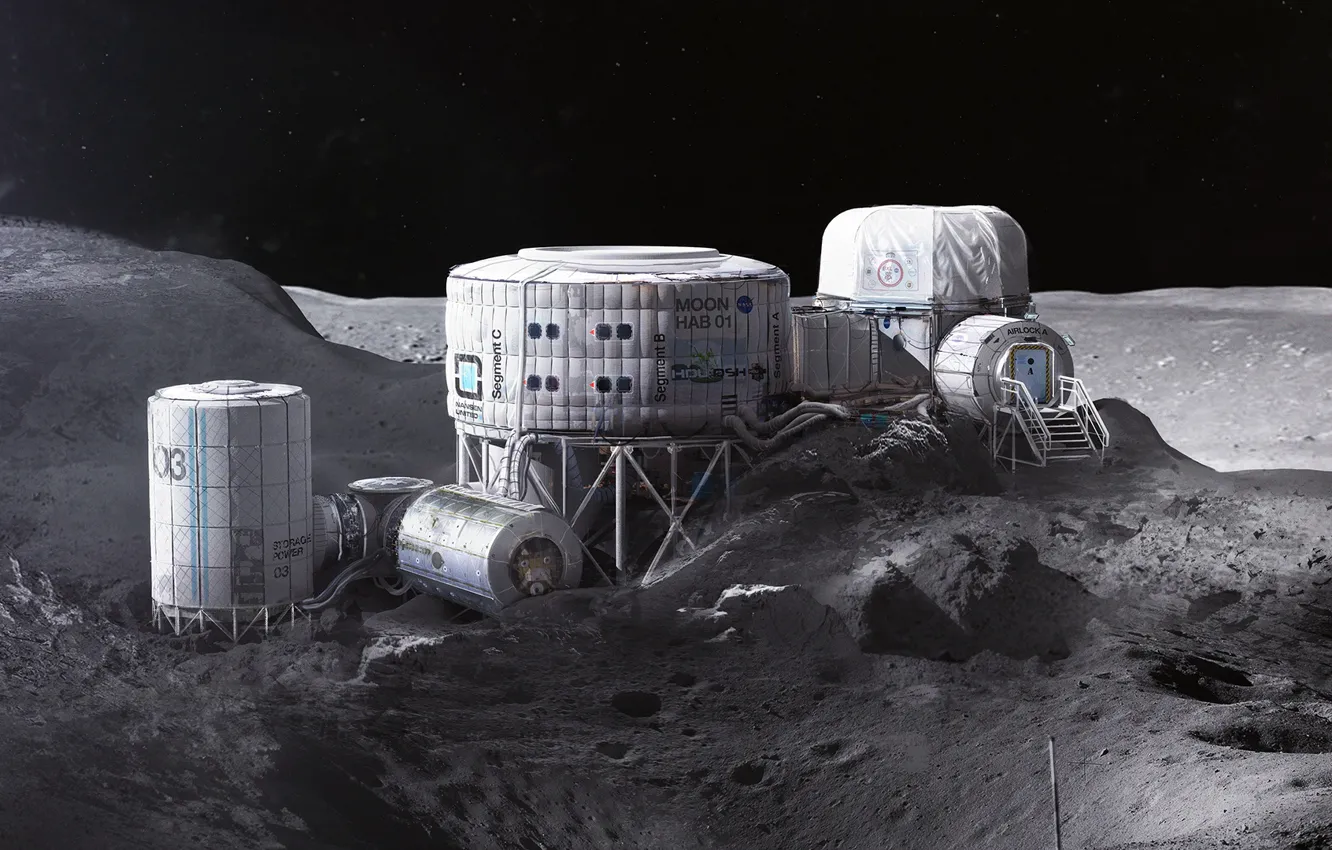 Photo wallpaper hills, stars, station, base, Twardowskys Moon habitat