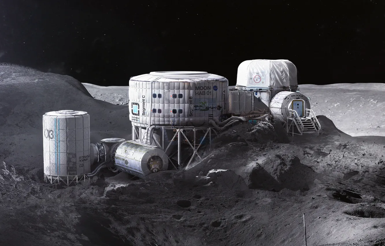 Photo wallpaper stars, hills, station, base, Twardowskys Moon habitat
