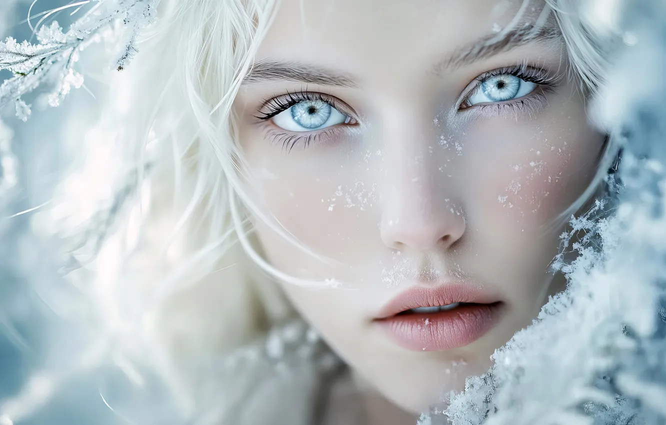 Photo wallpaper winter, frost, look, girl, light, snow, branches, face