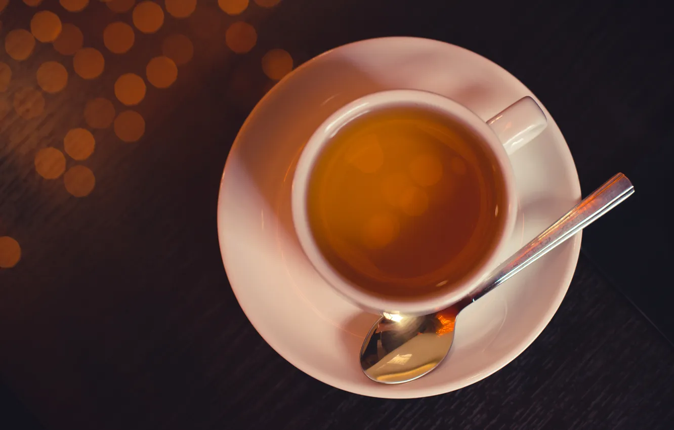 Photo wallpaper tea, white, spoon, Cup, saucer, bokeh