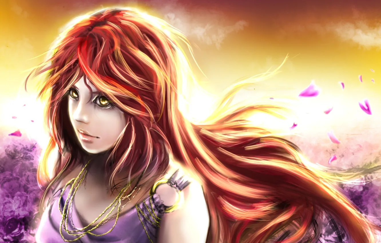 Photo wallpaper look, girl, the sun, clouds, petals