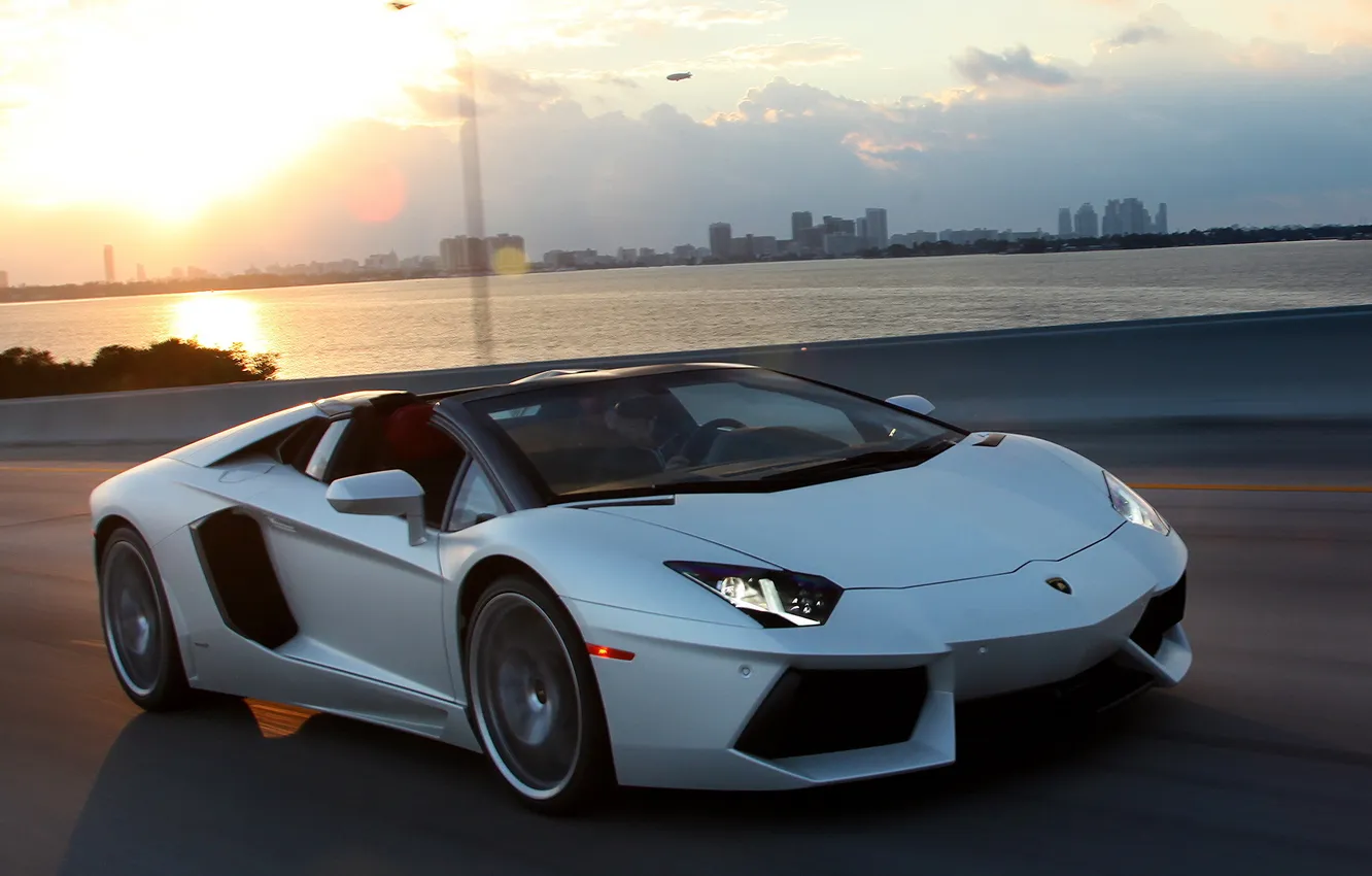 Photo wallpaper machine, the sky, light, Roadster, white, LP700-4, Lamborghini, Lamborghini Aventador