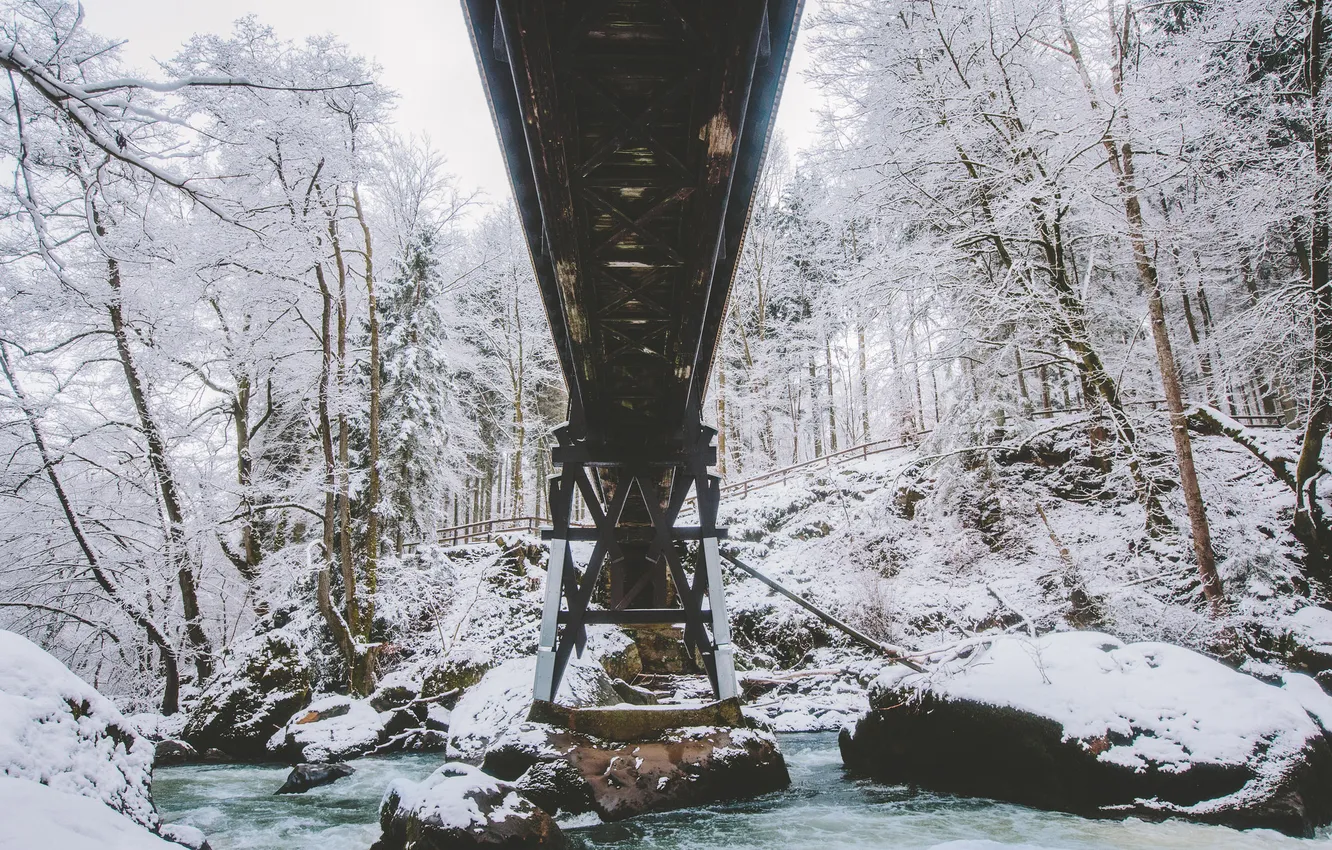 Photo wallpaper winter, snow, trees, bridge, river, stones, the fence