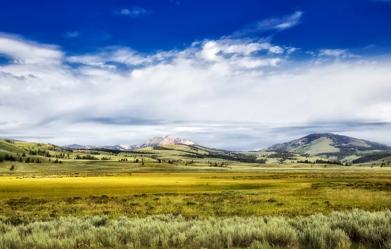 Photo wallpaper field, the sky, clouds, mountains, hills, valley, Yellowstone national Park, United States