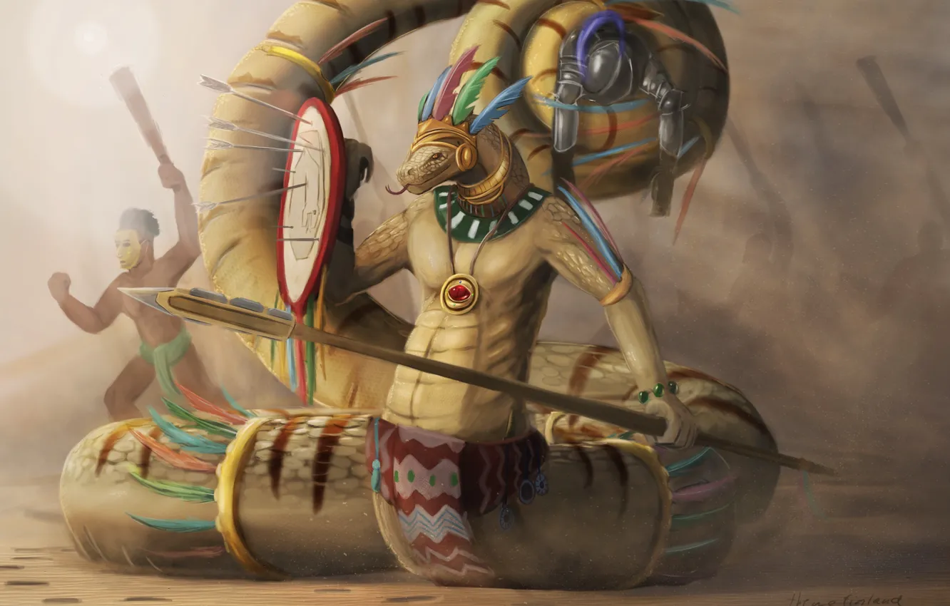 Photo wallpaper battle, spear, Maya, shield, arrows, God, Timi Honkanen, snake cult
