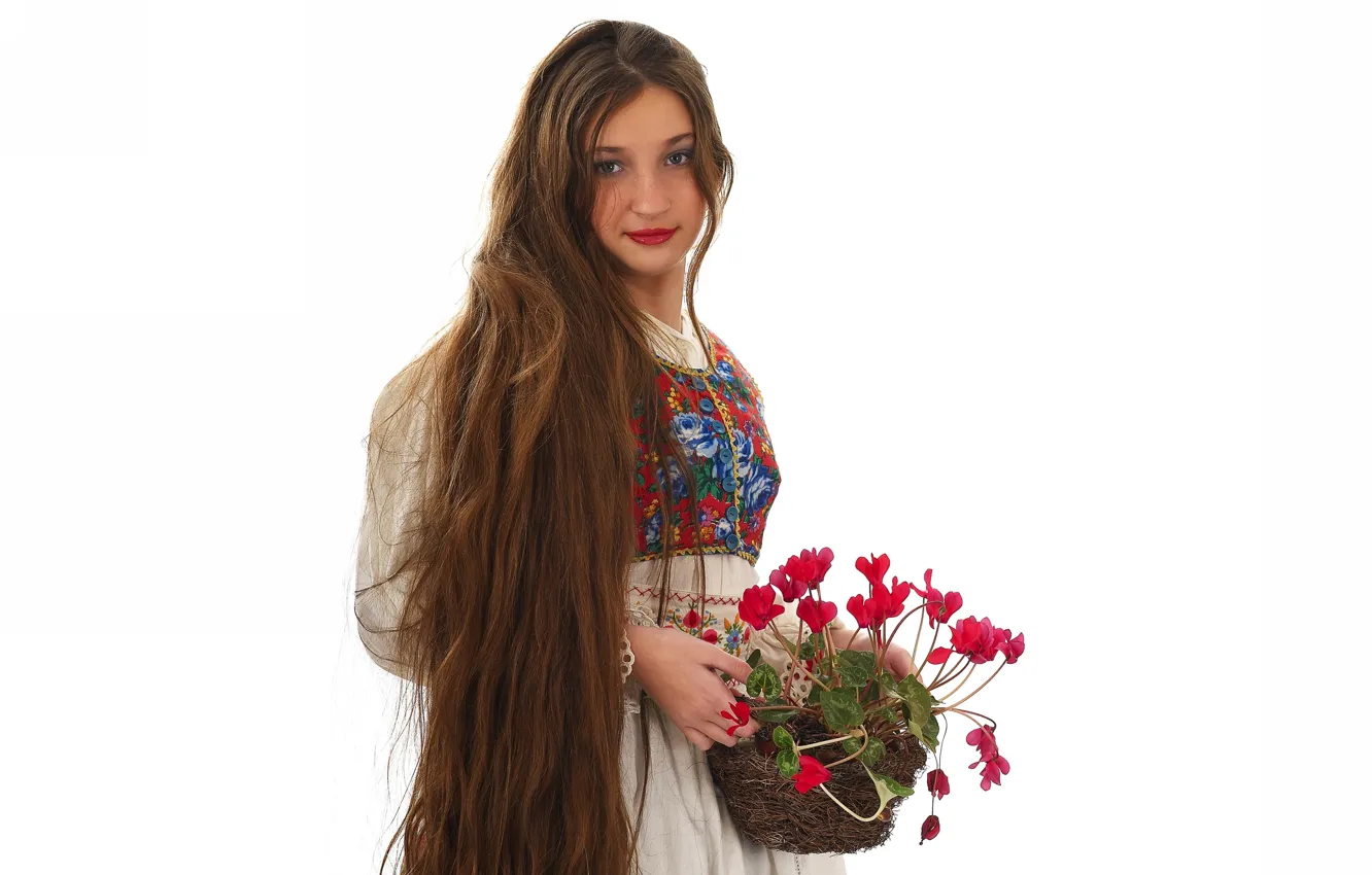 Photo wallpaper girl, flowers, dress, brunette, basket, long hair