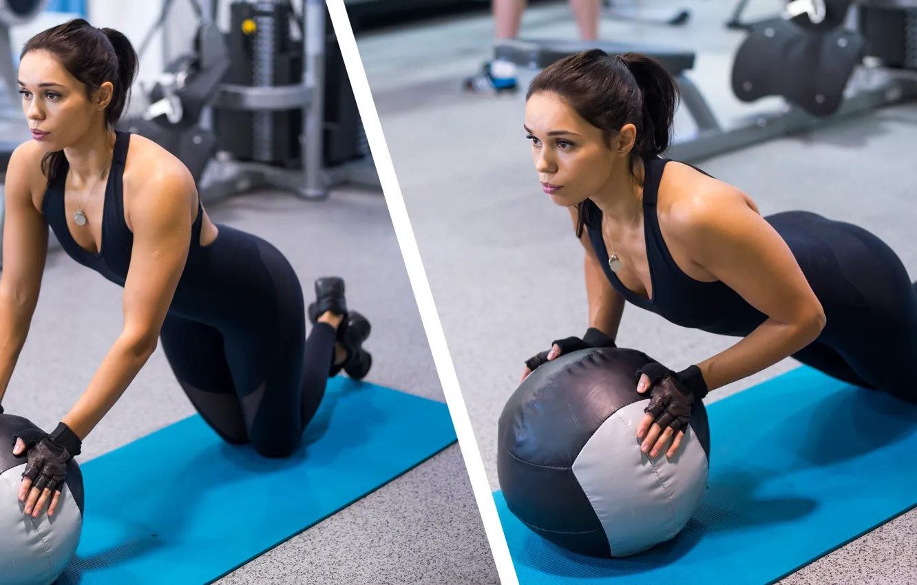 Photo wallpaper brunette, ball, workout, fitness, gy